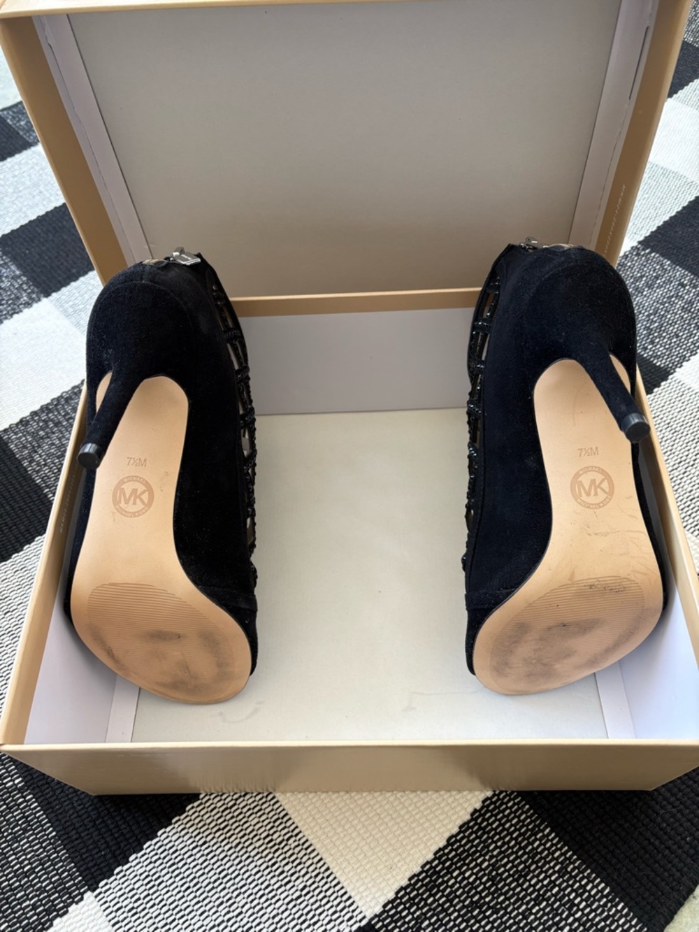 Michael Kors Yvonne Black Studded Open Toe Suede High Heel Bootie - Picture 9 of 12